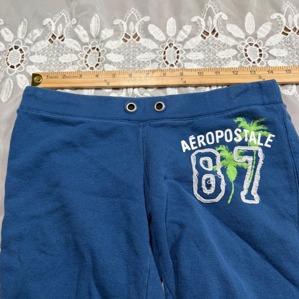 Y2K Aeropostale 87 Palm Tree Fleece Sweat Shorts Blue XS Raw Hem Collegiate - Picture 3 of 7